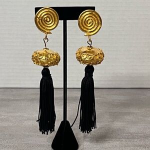 Elegant Gold and Black Tassel Clip on Earrings